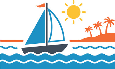 Fototapeta premium Tropical sailboat vector illustration, sailing boat on ocean waves near island with palm trees, summer vacation nautical scene with sun