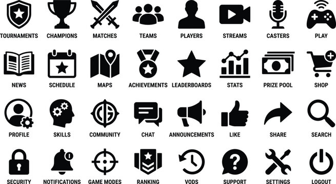Black Gaming Interface Icon Set featuring Live Stream, Player Profile and Menu Navigation Elements for Game Development, App Design & UI Projects (EPS)