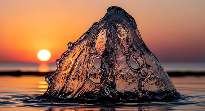 Majestic Iceberg Floating in Calm Ocean During Sunset.