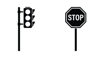 Traffic Light And Stop Sign Silhouettes On White Background Silhouette © MdRakib