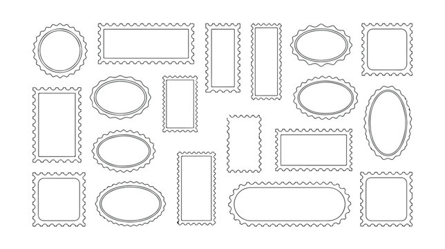 Vintage postage stamp frames set, blank scalloped border vector templates, 17 decorative philately edges for mail and scrapbooking