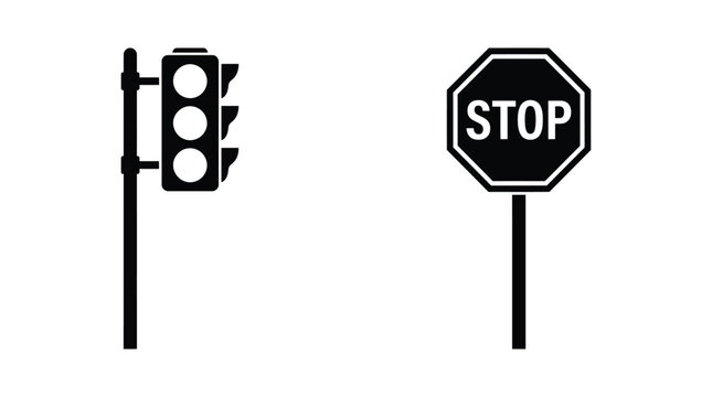 Traffic Light And Stop Sign Silhouettes On White Background Silhouette
