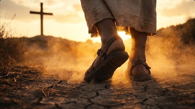 The feet of Jesus Christ wearing leather sandals walk on dry cracked ground toward a wooden cross on a hill during a golden sunset biblical scene.