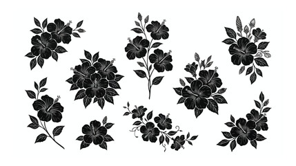 Black hibiscus flower silhouettes set, tropical floral vector illustrations with leaves, botanical blossom icons for summer wedding stationery and logos © xantii