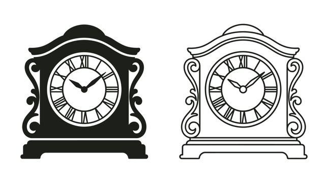 Mantel clock silhouettes with roman numerals black and white versions silhouette