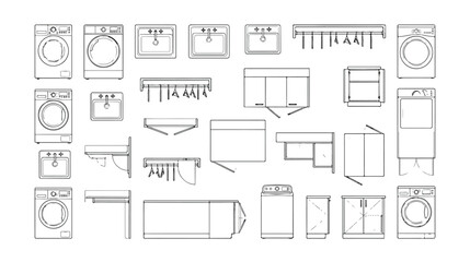 Architectural laundry room floor plan symbols, 2D CAD blocks for interior design, washing machine and dryer vector icons for blueprint layouts © xantii