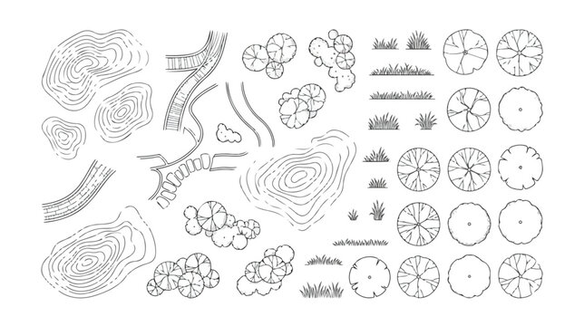 Landscape architecture plan symbols vector set, hand drawn garden design elements, top view tree and shrub sketches for site mapping