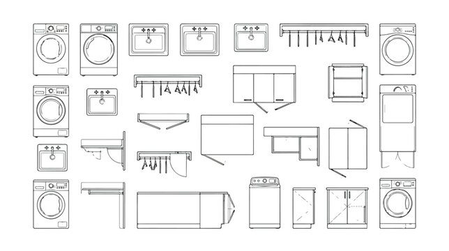 Architectural laundry room floor plan symbols, 2D CAD blocks for interior design, washing machine and dryer vector icons for blueprint layouts