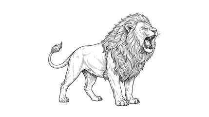 Vintage hand drawn roaring lion vector illustration, majestic male lion with thick mane, black and white sketch of a powerful wild cat predator © xantii