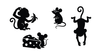 Black animal silhouettes set, cute monkey and mouse vector icons, funny chimpanzee with banana and mice with cheese graphics © xantii
