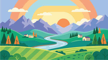 Obraz premium Flat vector illustration of a colorful countryside landscape with rolling green hills, winding river, mountains, sunrise, trees, and small houses in a modern geometric design.