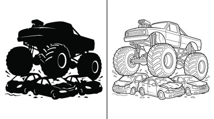 Monster Truck Black and White Line Art and Silhouette Design of a Vehicle Crushing Cars. © online