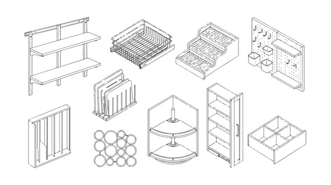 Isometric kitchen storage icons set, modern cabinet organization systems and pantry shelving units, 10 black and white vector furniture elements