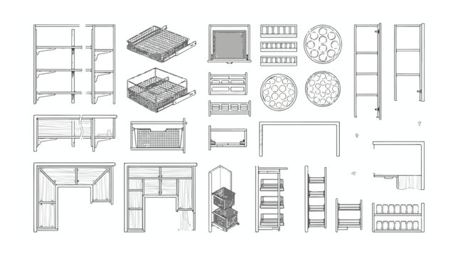 Architectural furniture line drawings, interior design blueprint elements vector set, technical floor plan icons for home layout and room planning