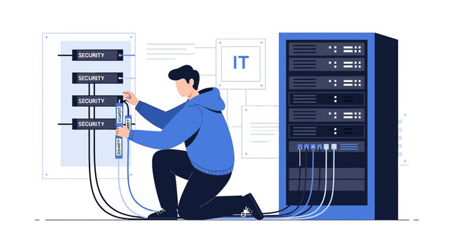 IT Specialist Connects Server Cables, Cybersecurity Concept
