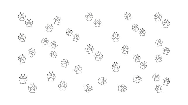 Minimalist animal paw print pattern, black outline dog and cat tracks on white background, simple pet footprint vector illustration