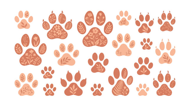 Boho floral paw prints vector set, terracotta animal footprints with botanical patterns, 20 decorative cat and dog paw elements for pet branding
