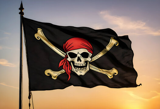pirate flag with skull and crossbones waving at sunset