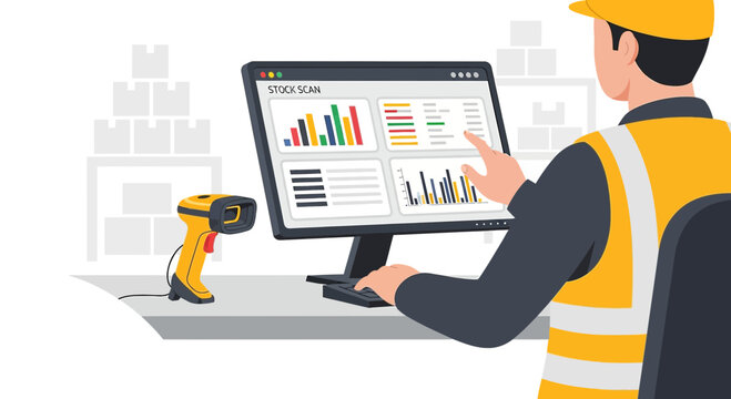 Logistics worker using computer dashboard with analytics and barcode scanner in warehouse