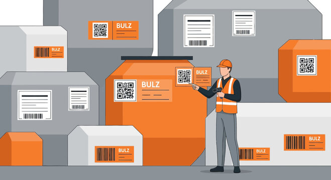 Logistics worker with packages, barcode and QR code scanning