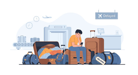 Fototapeta premium Frustrated traveler with luggage at delayed airport.