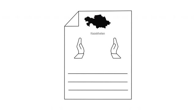 Kazakhstan map outline and country name with two hands illustration and lines for text.