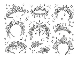 Elegant princess tiara and crown vector set, sparkling royal headwear collection, decorative hair accessories for fairy tale designs, 9 magical fashion elements © Huynh Khang