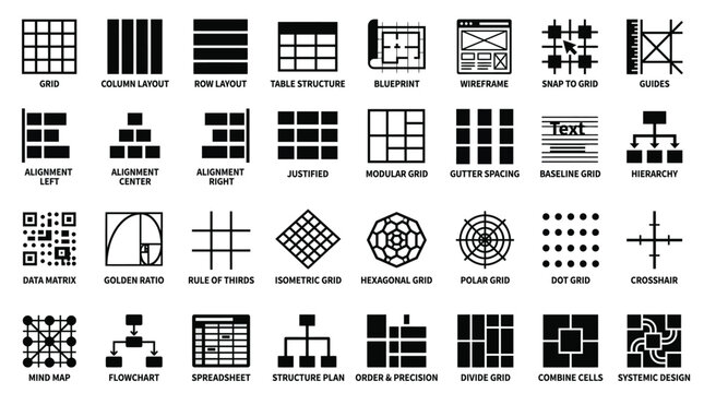 Graphic Design Layout and Grid System Icon Set Vector for UI Design, Web Development & Digital Publishing (EPS)