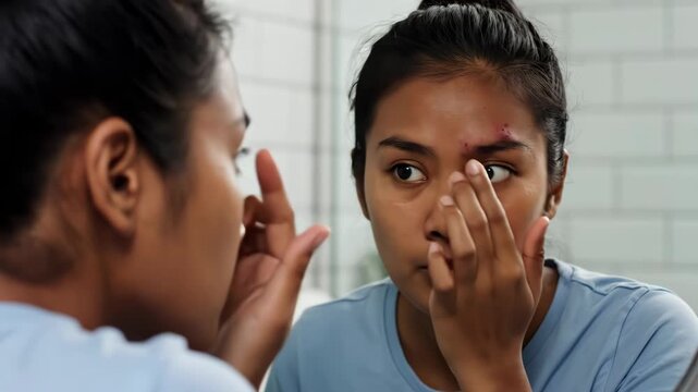 Brown Skin Woman Examining Forehead Mark in Mirror. Suitable for hyperpigmentation skincare, dark spot treatments, beauty diversity content, and inclusive dermatology awareness.