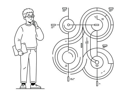 Thoughtful young man in glasses holding a tablet, contemplating complex data visualization. Abstract infographic design, problem-solving, and strategic thinking vector illustration.