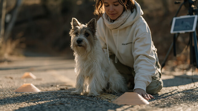 Behavior consultant sets up a threshold desensitization exercise for a reactive rescue terrier in a quiet park path, placing distance markers on the ground with orange cones while