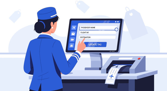 Flight Attendant Using Computer to Print Boarding Pass at Airport Counter