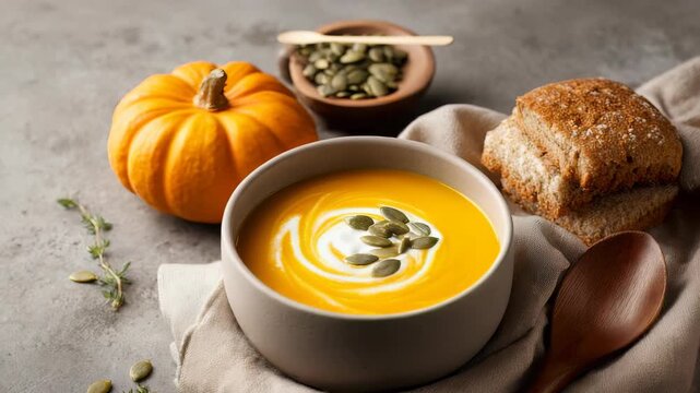A delicious bowl of pumpkin soup with a swirl of cream and seeds, perfect for fall. Accompanied by rustic bread, it creates a comforting autumn atmosphere
