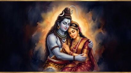Obraz premium Lord Shiva and Goddess Parvati – Traditional Divine Embrace Painting