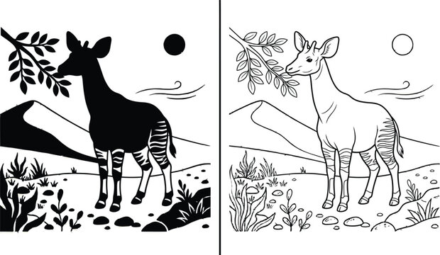 Okapis Silhouette and Outline with a Tree Branch and Desert Landscape on White Background