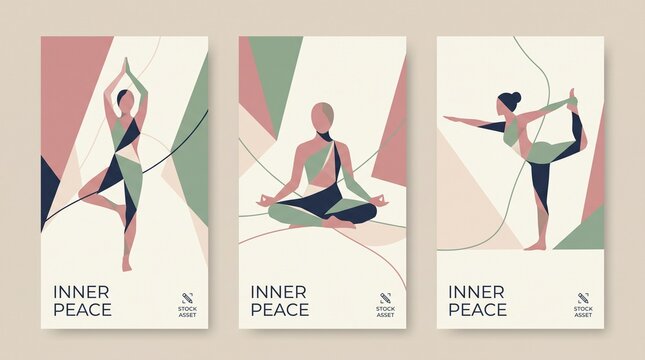 Inner peace yoga practice graphics with geometric human poses, mindfulness