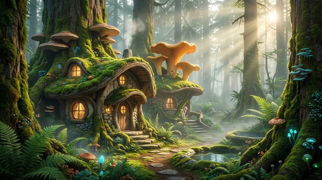 Enchanted Forest Gnome Homes Built into Trees with Mushrooms