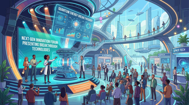 Futuristic Tech Conference Presenting Advanced Scientific Breakthroughs in a Modern Digital Research Exhibition Arena