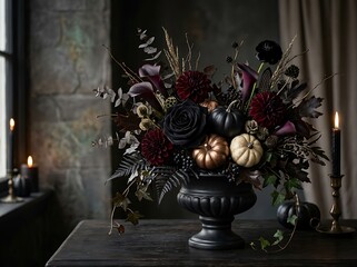 Fototapeta premium Dark Floral Halloween Arrangement with Elegant Black Roses
