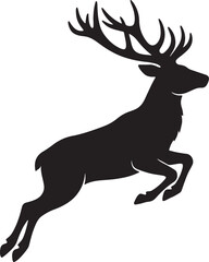 Fototapeta premium Black silhouette of a jumping deer with large antlers, isolated on a white background, for wildlife, nature, and hunting themes also transparent background