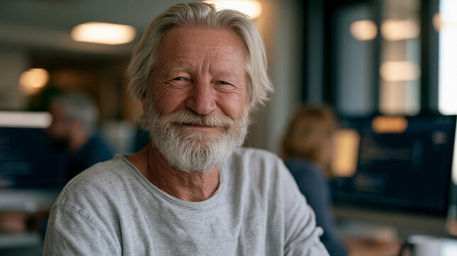 Retired engineer returning to workforce sitting at a community college lab computer, adaptive learning AI platform presenting a personalized coding curriculum based on completed