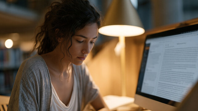 Graduate student hunched over a library carrel at blue hour, AI essay feedback tool open alongside her thesis draft on a wide monitor, the library floor nearly deserted around