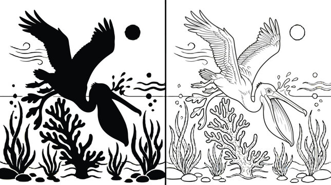 Pelican Diving Into the Water with a Splash to Catch Food in a Coral Reef Environment.