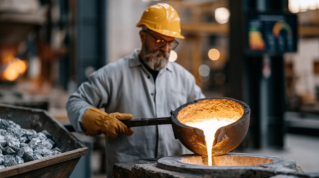 Factory worker in a circular economy aluminium casting plant carefully ladles molten recycled metal into a preheated mold, recycled ingot feedstock visible in a nearby hopper and