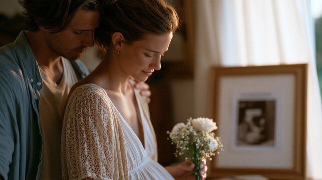 Woman placing single flower beside framed sonogram in quiet corner of bedroom, partner's hand on her shoulder, afternoon coming through curtain, grief visible in her stillness,