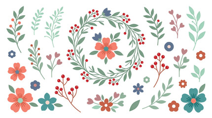 Vintage floral collection with botanical wreath and garden elements, rustic hand drawn flower set, elegant spring greenery and berry branches vector © usman