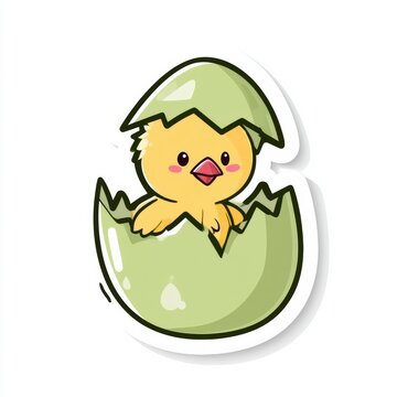A baby owl chick is breaking free from a green egg in spring. The design uses bright colors and bold outlines, showcasing a seasonal theme.