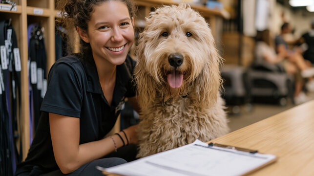 Cheerful boarding facility attendant crouches to greet an anxious golden doodle at a pet resort check-in desk, clipboard intake form on the counter beside a cubbied wall of