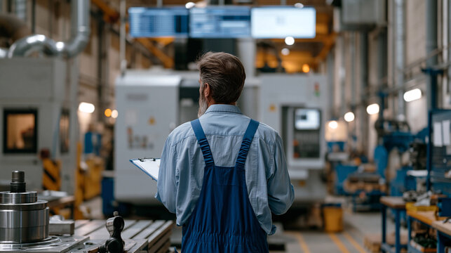 Production supervisor with a stopwatch and clipboard times a machining cycle on a CNC milling center in a lean manufacturing environment, efficiency metrics displayed on an