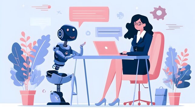 Woman in a suit working while discussing with AI. Vector illustration of AI supporting work. Stock Vector